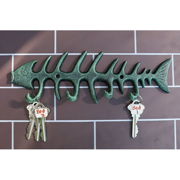 Pack of 2 Sea Vintage Verdigris Decorative Cast Iron Fish Bone 4 Peg Wall Hooks