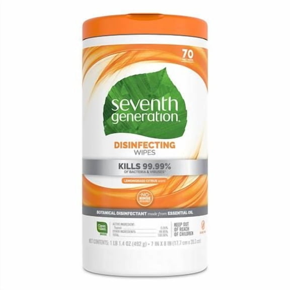 Seventh Generation Disinfecting Multi-Surface Wipes, Lemongrass Citrus Scent, 70 Wipes - Pack of 2