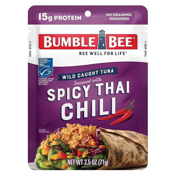 2-Pack Spicy Thai Chili Seasoned Tuna, 2.5 oz Pouch - Ready to Eat - Wild Caught Tuna Packet - 15g Protein per Serving - Gluten Free