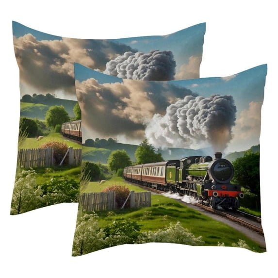 Pack of 2 Steam Train Railway Pattern Throw Pillow Covers 20x20 Inch, Square Farmhouse Pillowcase, Velvet Cushion Case for Sofa Bedroom Home Decor