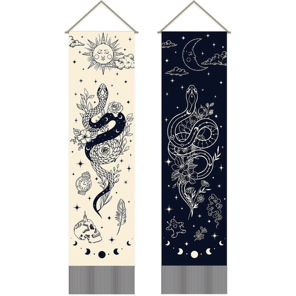 Pack of 2 Sun Moon Snake Print Tapestries Snake Vertical Tapestry Mystical Tassel Tapestry Wall Hanging for Bedroom Living Room Home 13 x 51 Inch