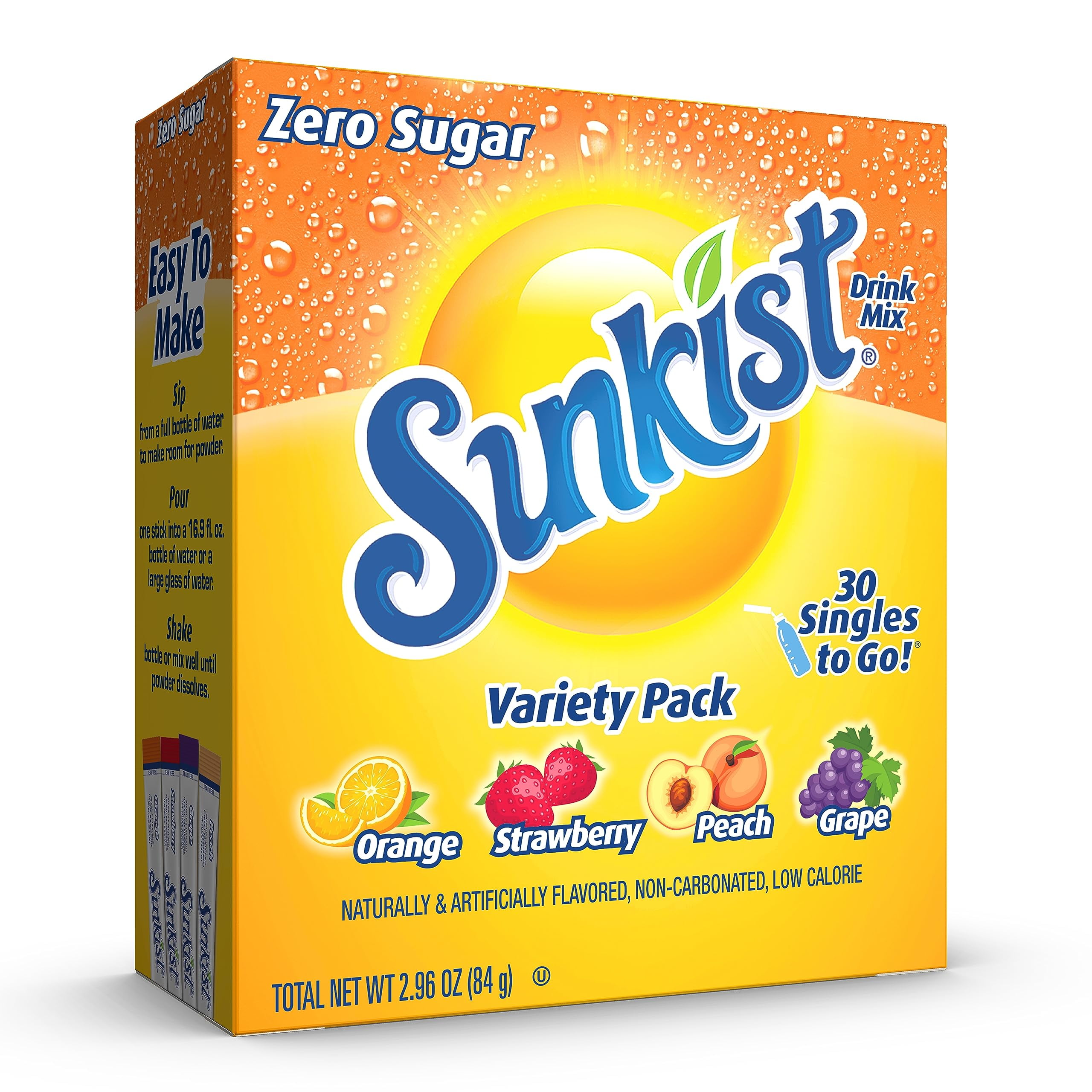 Pack of 2 - Sunkist Soda Variety Pack, Singles To Go Orange, Strawberry, Grape And Peach (30 Total Sticks)