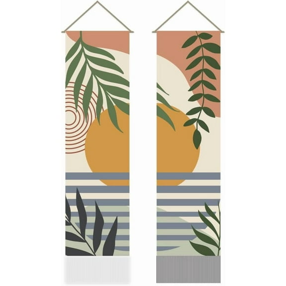 Pack of 2 Sunset Landscape Tapestry Boho Leaves Modern Plant Vertical Long Aesthetic Tapestry Doorway Curtain Tassel Wall Hanging
