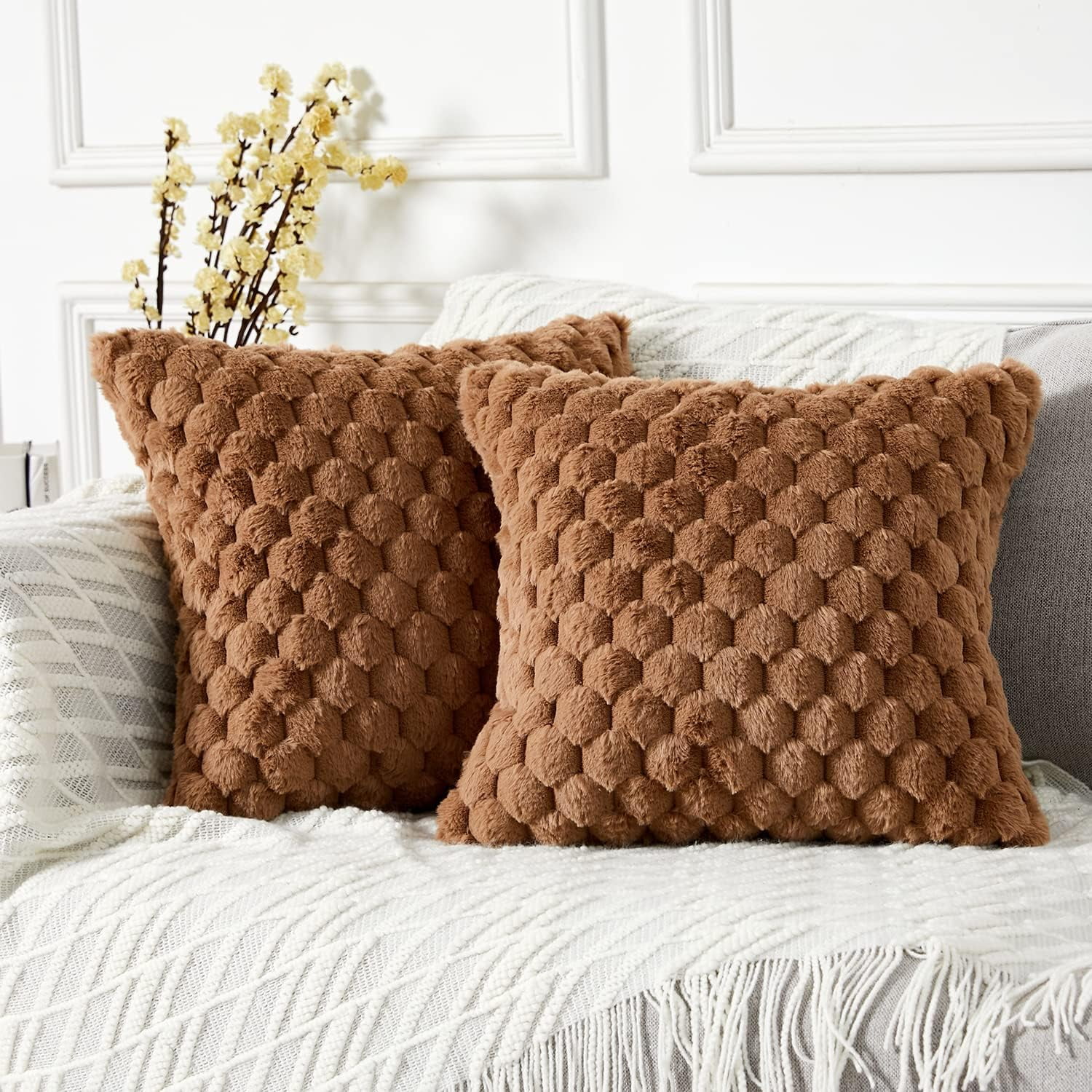Brown Faux Fur Decorative Lumbar Pillow Covers 12" x 20"