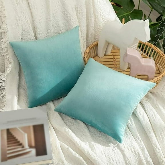 Pack of 2 Teal Velvet Throw Pillow Covers 14x14 Inch Soft Solid Decorative Square Set Cushion Cases for Spring Couch Sofa Bedroom