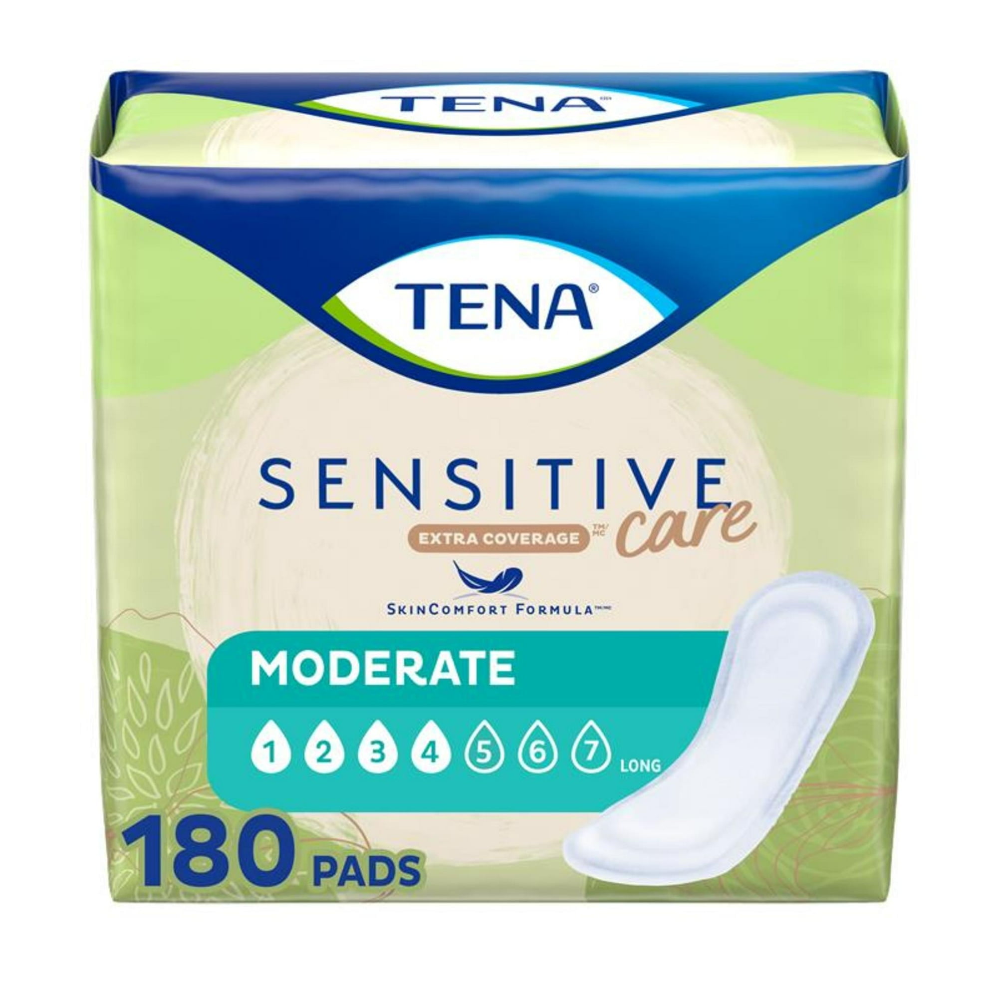 Pack of 2 Tena Sensitive Care Extra Coverage Moderate Absorbency Incontinence Pad, Long, 180 Ct