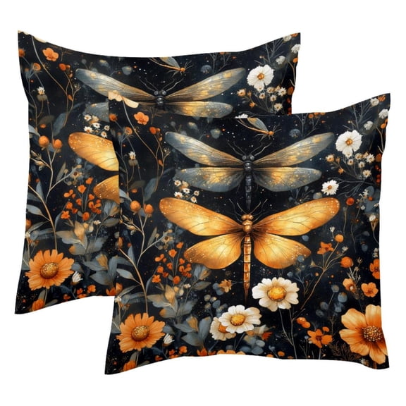 Pack of 2 Throw Pillow Covers Floral Dragonfly Pattern Decorative Pillow Cases Home Decor Square 18x18 Inches Pillowcases