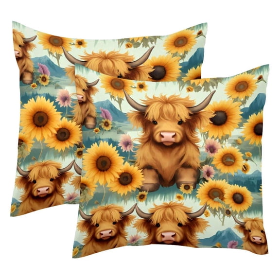 Pack of 2 Throw Pillow Covers Highland Cows Sunflower Decorative Pillow Cases Home Decor Square 18x18 Inches Pillowcases