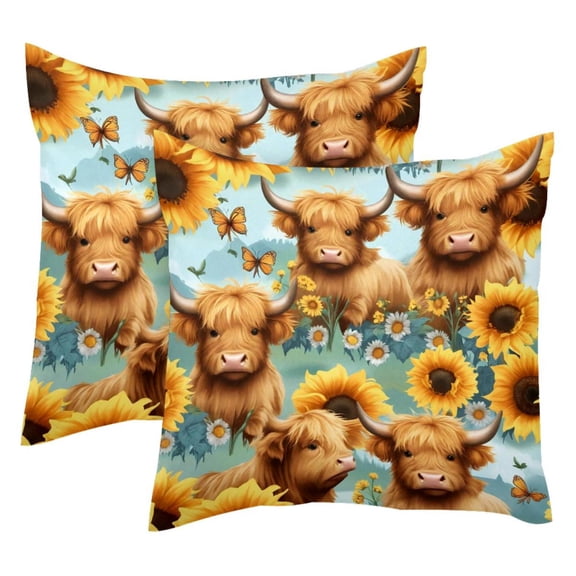 Pack of 2 Throw Pillow Covers Highland Cows Sunflowers Decorative Pillow Cases Home Decor Square 18x18 Inches Pillowcases
