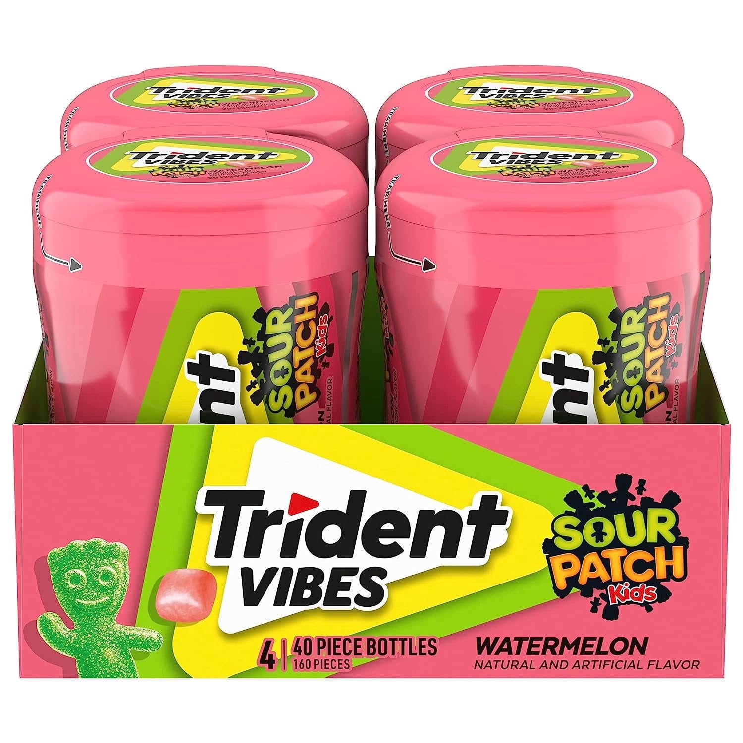 Pack of 2 Trident Vibes Sour Patch Kids Sugar Free Gum, Watermelon, Regular Size, 40 Piece Bottle