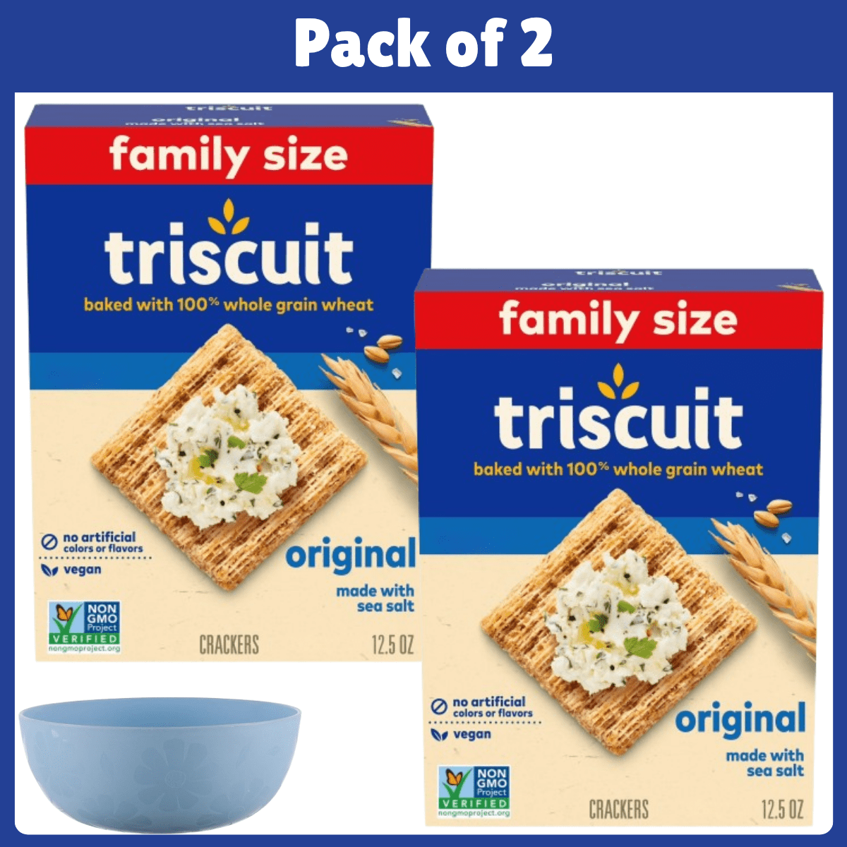 Pack of 2 Triscuit Original Whole Grain Wheat Crackers, Vegan Crackers, Healthy Snacks, Family Size, 12.5 oz-With Bowl