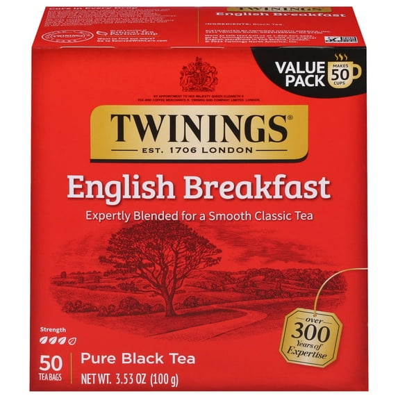 Pack of 2 Twinings of London English Breakfast Pure Black Tea Bags, 50 ct, 3.53 oz (Package May Vary)