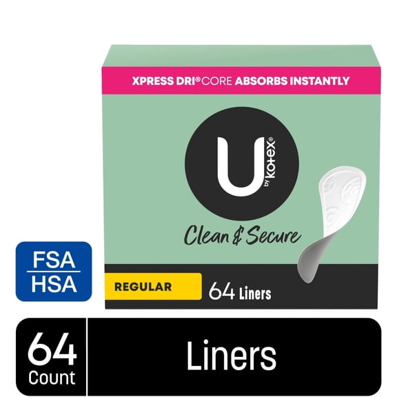 Pack of 2 U by Kotex Clean & Secure Panty Liners Light Absorbency Regular Length, 64 count (Package May Vary)