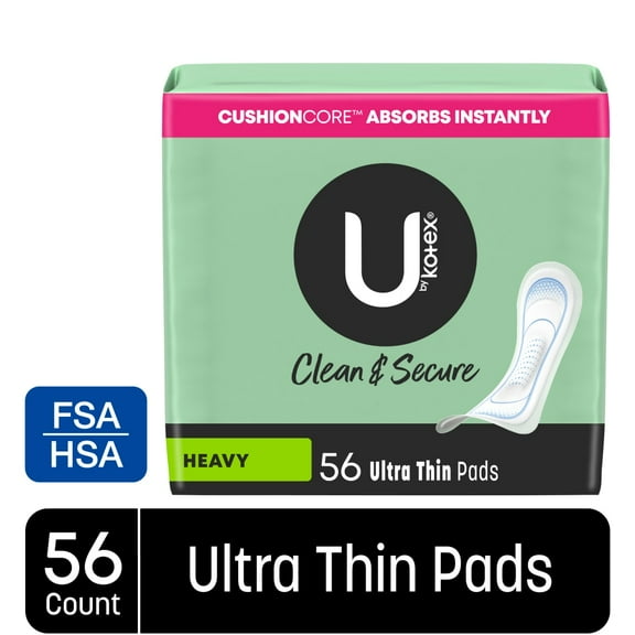 Pack of 2 U by Kotex Clean & Secure Ultra Thin Pads Heavy Absorbency, 56 count (Package May Vary)