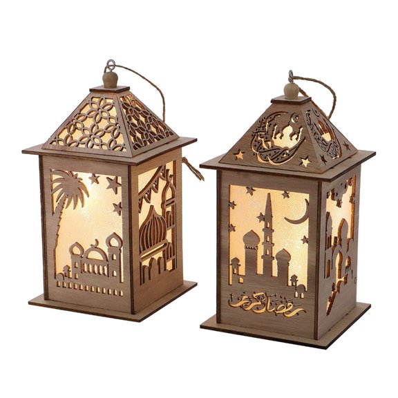 (Pack of 2) User Friendly Wooden Hanging Ornament with Low Voltages LED Lights for Safe Holiday Decors During Muslims Fe