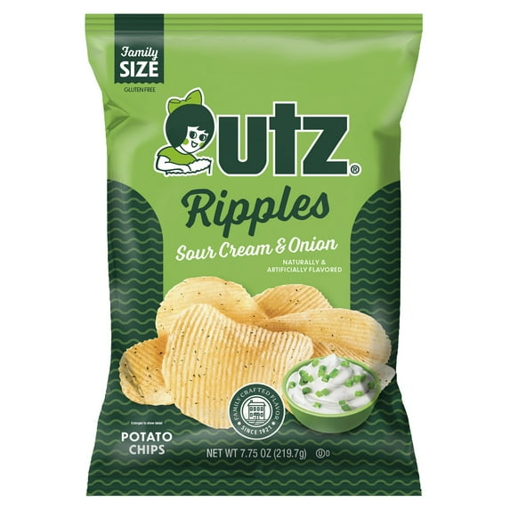 Pack of 2 Utz Ripples Sour Cream & Onion Potato Chips, Gluten-Free, Family Size, 7.75 oz Bag