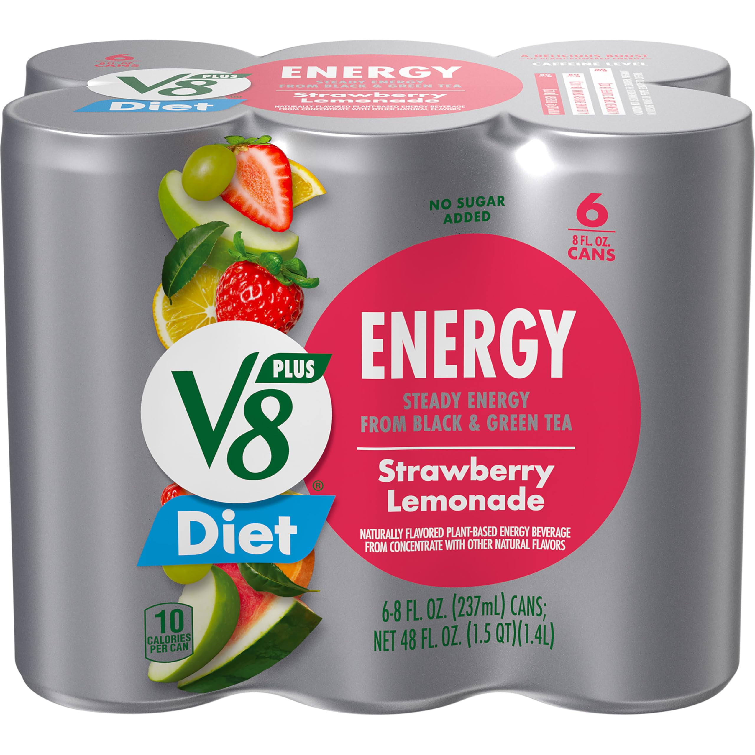 Pack of 2 - V8 +Energy Diet Strawberry Lemonade Juice Energy Drink, 8 Fl Oz Can (6 Pack) Packaging May Vary