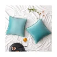 thumbnail image 1 of Pack of 2 Velvet Christmas Throw Pillow Covers Spring Pompom Decorative Pillowcases Solid Soft Cushion Covers with Poms Square -16"x16" Teal Green, 1 of 5