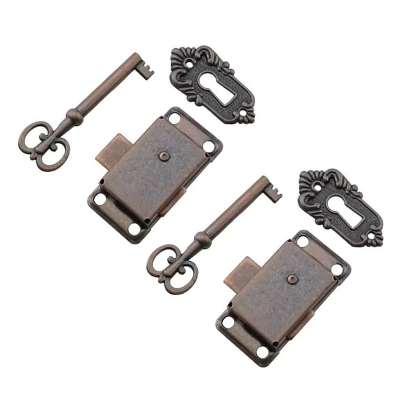 Pack of 2 Vintage Skeletons Key Lock Antique Zinc Alloy Cabinet Lock Without Mortise Designs for Decorative Furniture