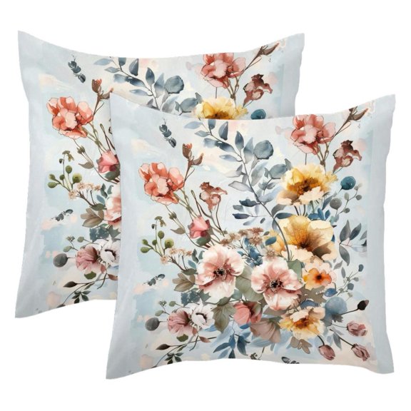 Pack of 2 Watercolor Flowers Floral Throw Pillow Covers 20x20 Inch, Square Farmhouse Pillowcase, Velvet Cushion Case for Sofa Bedroom Home Decor