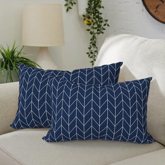 Pack of 2 Waterproof Outdoor Lumbar Pillow, 12x20 Inch Rectangle Decorative Patio Throw Pillow, Herringbone Navy