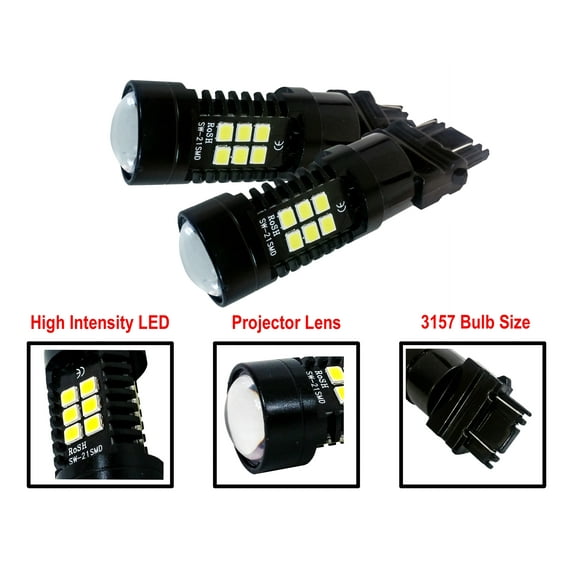Pack of 2 White LED 3157 3057 3156 Light Bulb Plug and Play 3-Sided Dual Intensity Projector Lens Running Tail Brake Reverse Back-up Light 12V - 24V