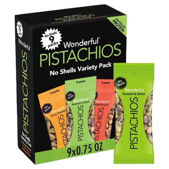 Wonderful Pistachios No Shells, 3 Flavors Mixed Variety Pack of 9 (0.75 Ounce), Roasted & Salted Nuts (4), Chili Roasted (3), Honey Roasted (2), Protein Snack, On-the Go Snack