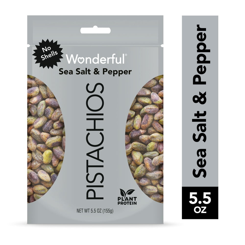 Pack of 2 Wonderful Pistachios, No Shells Sea Salt & Pepper Pistachios, 5.5 Ounce Resealable Pouch, 5.5 oz (Package May Vary)