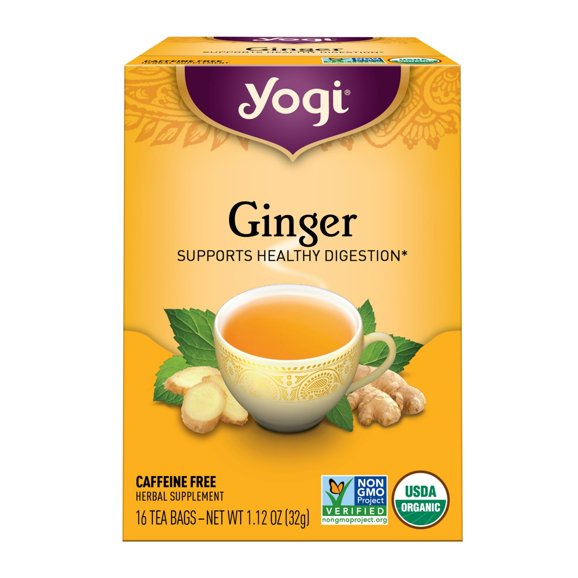 Yogi Tea Ginger, Caffeine-Free Organic Herbal Tea Bags, 16 Count, 1.12 oz (Pack of 2)