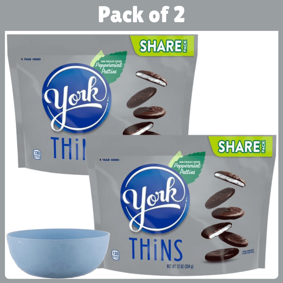 Pack of 2 York Thins Dark Chocolate Peppermint Patties Candy, Share Pack 7.2 oz-With Bowl by Mahad