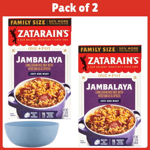 Pack of 2 Zatarain's Family Size Jambalaya Rice Dinner Mix, 12.0 oz Box-With Bowl