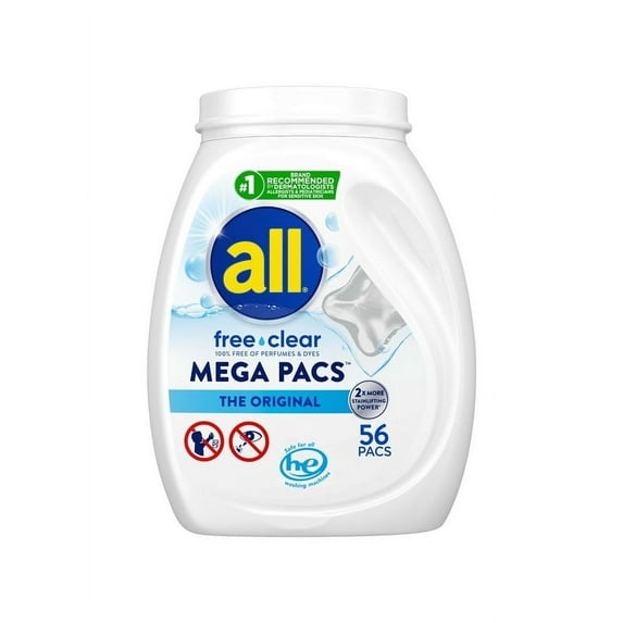 Pack of 2 all Mega Pacs Laundry Detergent Pacs, Free Clear for Sensitive Skin, Unscented and Dye Free, 56 Count
