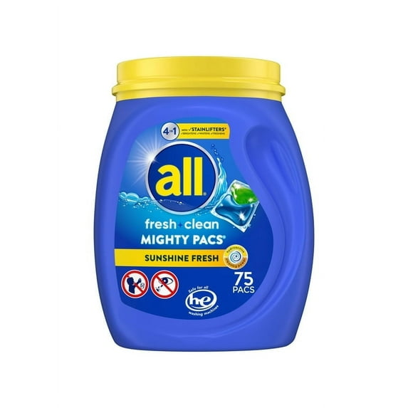 Pack of 2 all Mighty Pacs Laundry Detergent Pacs, Fresh Clean 4 in 1 with Stainlifters, Sunshine Fresh, 75 Count