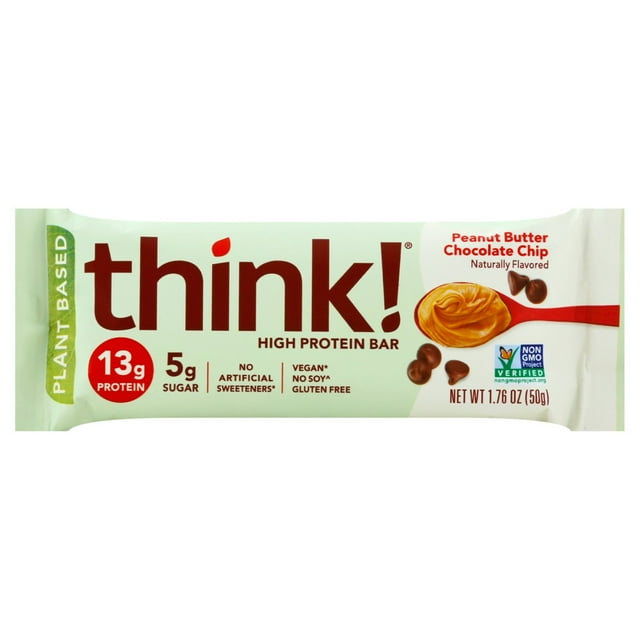 Pack of 2 think! Plant-Based High 13g Protein Bar - Peanut Butter Chocolate Chip, 1.76 oz (Package May Vary)