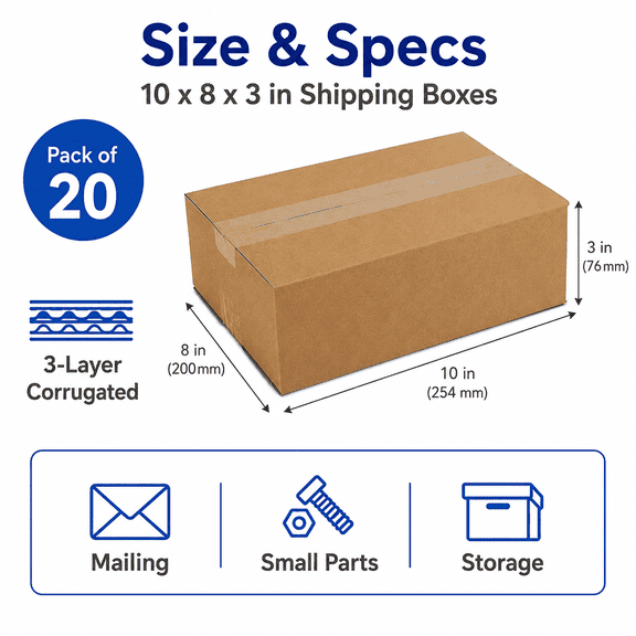 Pack of 20 Corrugated Shipping Boxes 10x8x3 in, 3-Layer Kraft Cardboard Mailing Boxes for Packing and Storage