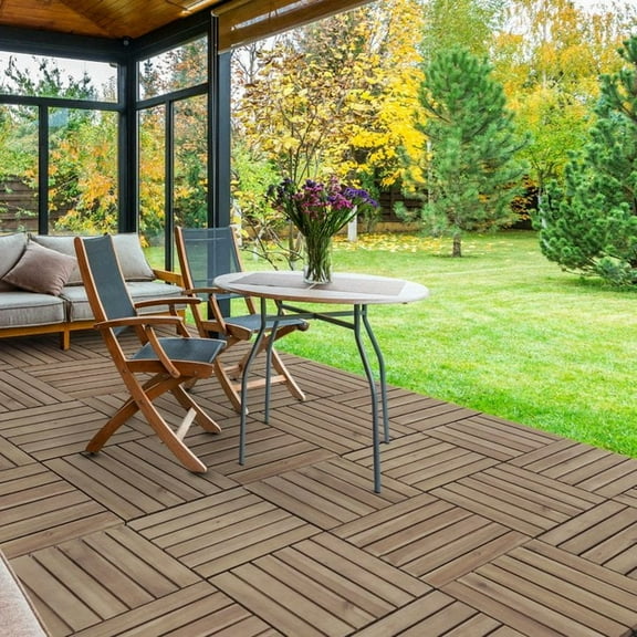 Pack of 20 Deck Tiles - 12"x12" Interlocking Natural Solid Acacia Wood for Outdoor & Indoor, Patio Garden, Balcony, Poolside - Natural Color