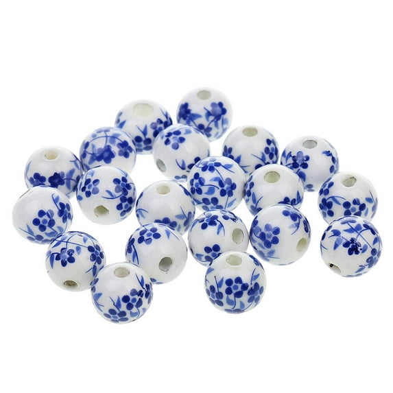Pack of 20 Floral Ceramic Porcelain Spacer Loose Beads for Jewelry Making DIY - Blue
