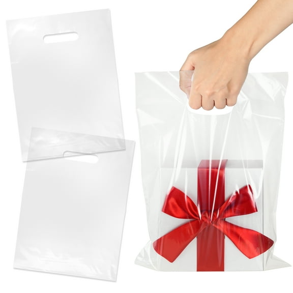 Pack of 200 Clear Glossy Merchandise Bags, Shopping Bags, 9” X 12” with Die Cut Handle, No Gusset, 1.25 Mil.
