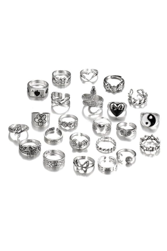 Pack of 24 Delicate Silver Rings Set For Men And Women With Diverse Y2K Designs