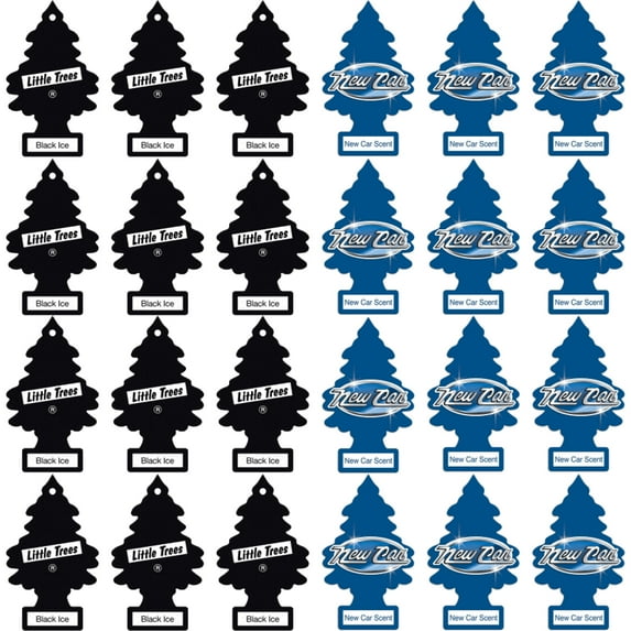 Pack of 24 Little Trees Car Air Fresheners, 12 Black Ice and 12 New Car Scent Hanging Automative Fragrances