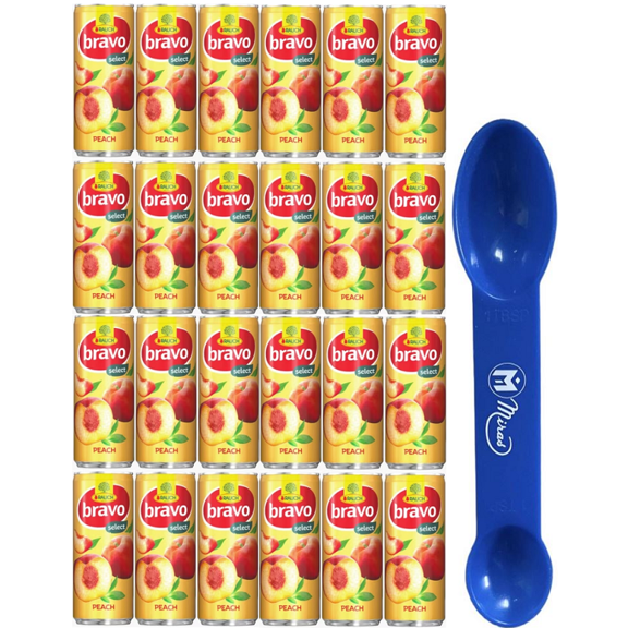 (Pack of 24) Rauch Bravo Peach Juice, 250ml Cans (2in1) Miras Trademark Measuring Spoon Included)