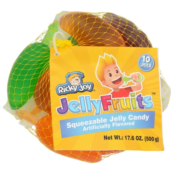 Pack of 24, Ricky Joy Jelly Fruits Squeezable Jelly Candy Mesh Bag, 17.6 oz