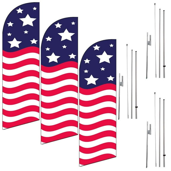 Pack of 3 American Glory 6ft Feather Flags Outdoor Signs with complete 8ft poles Kit, Pack Includes 3 Flags and 3 Poles with 3 Ground Stakes