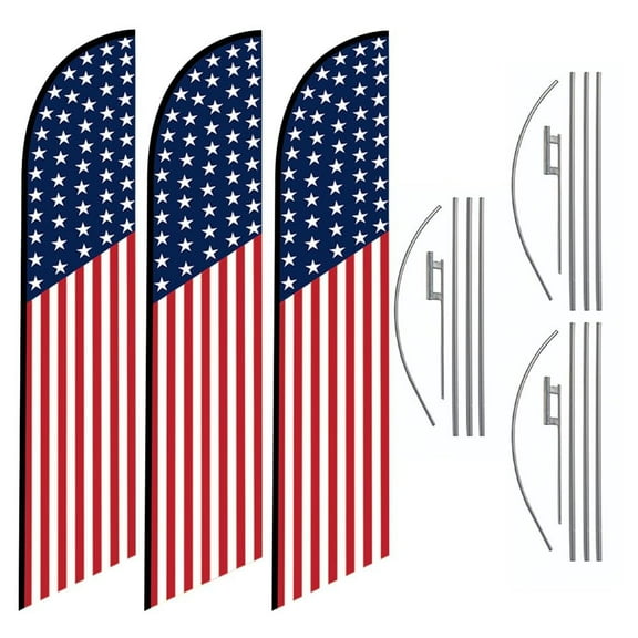 Pack of 3 - American US Banner Flag 50 Stars on Top Swooper Outdoor Feather Flags with 15ft Pole Kits and Ground Spikes for outdoor Display
