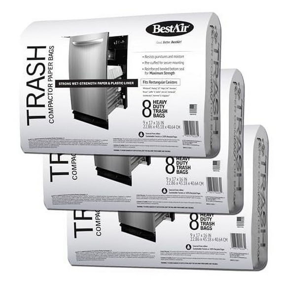 BestAir WMCK133508-3 Heavy Duty Trash Compactor Bags, 16'' D x 9'' W x 17'' H, 24 Count Pack of 3, Brown