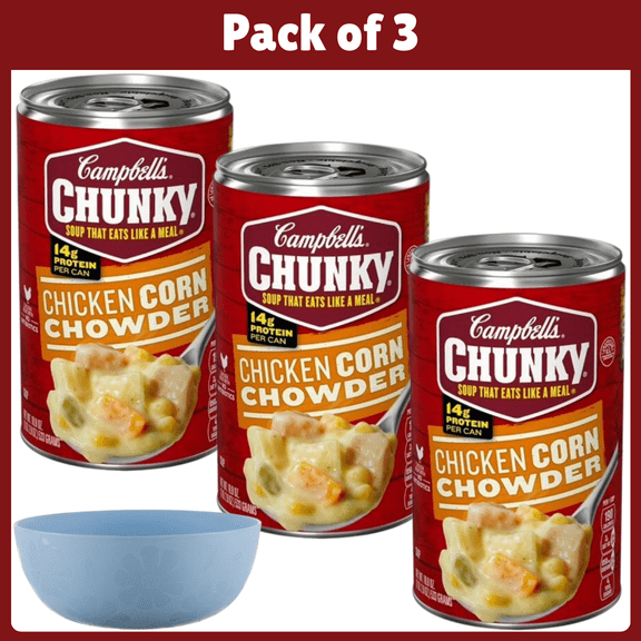 Pack of 3 Campbell's Chunky Soup, Ready to Eat Chicken Corn Chowder Soup, 18.8 oz Can-With Bowl