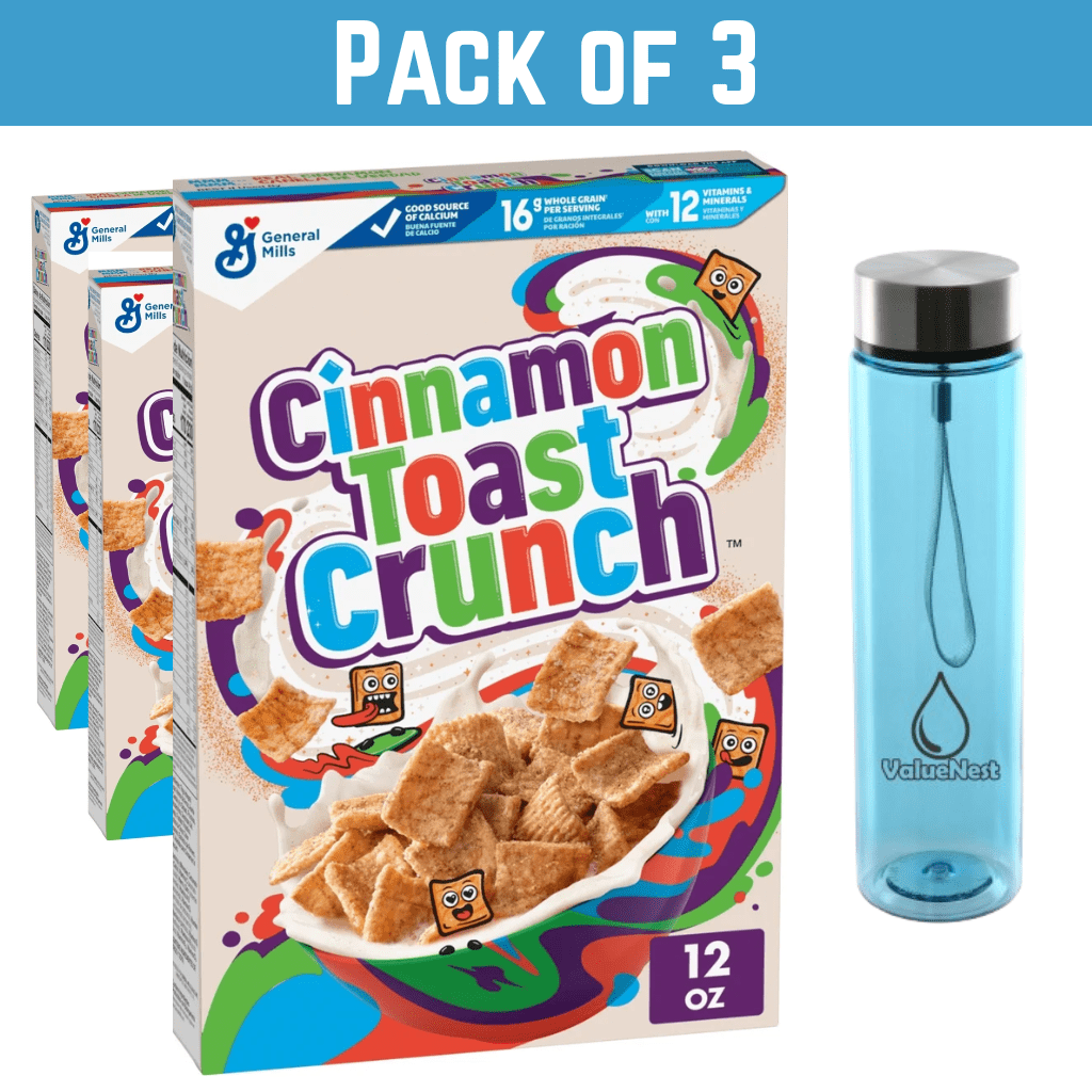 Pack of 3 Cinnamon Toast Crunch Cereal, 12 oz Each, Crispy Cinnamon Squares  with free Valuenest Water Bottle