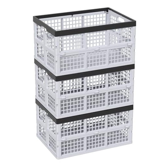 Pack of 3 Collapsible Storage Container Crates, Large Folding Basket Box with Handle, Grey, 42 L