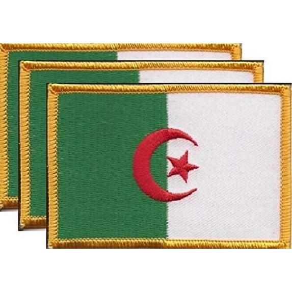 Pack of 3 Country Flag Patches 3.50" x 2.25", Three International Embroidered Iron On or Sew On Flag Patch Emblems (Algeria)