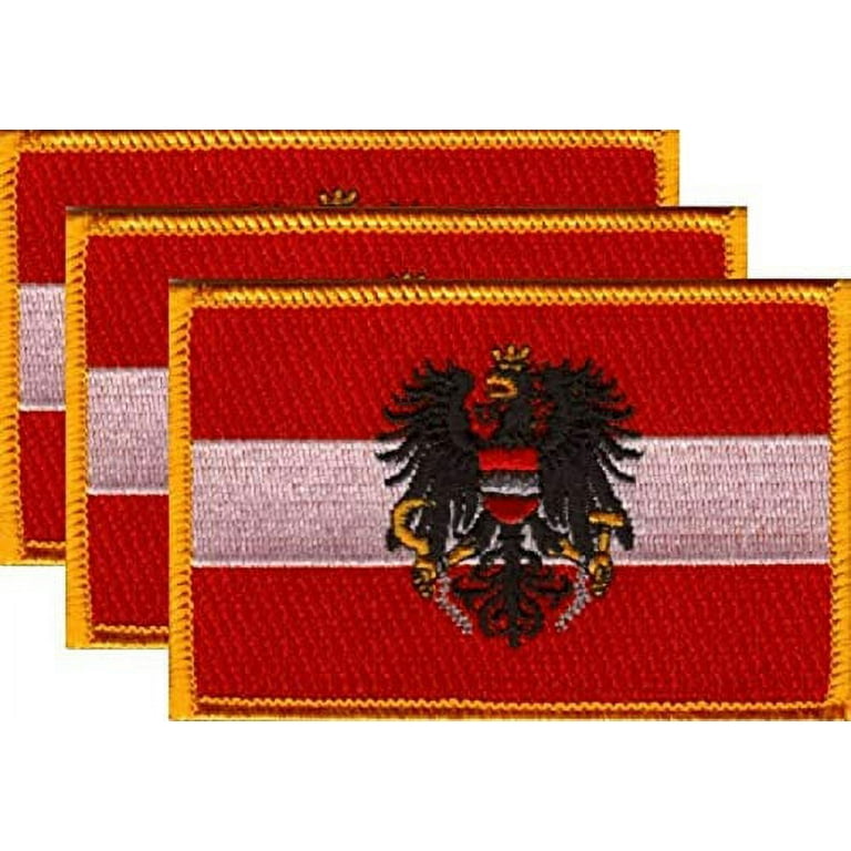 Pack of 3 Country Flag Patches 3.50 x 2.25, Three International  Embroidered Iron On or Sew On Flag Patch Emblems (Austria with Eagle)